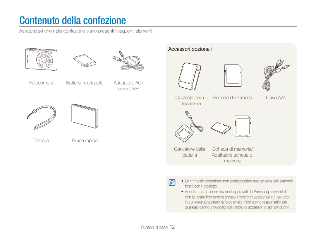 Samsung EC-ES90ZZDPBME, EC-ES90ZZBPBE1, EC-ES90ZZBPSE1, EC-ES90ZZDPSME manual Contenuto della confezione, Accessori opzionali 