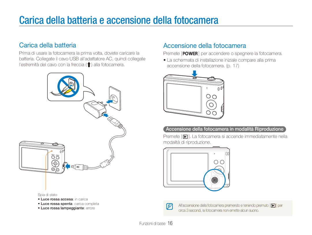 Samsung EC-ES90ZZDPUME manual Carica della batteria e accensione della fotocamera, Accensione della fotocamera, Premete 