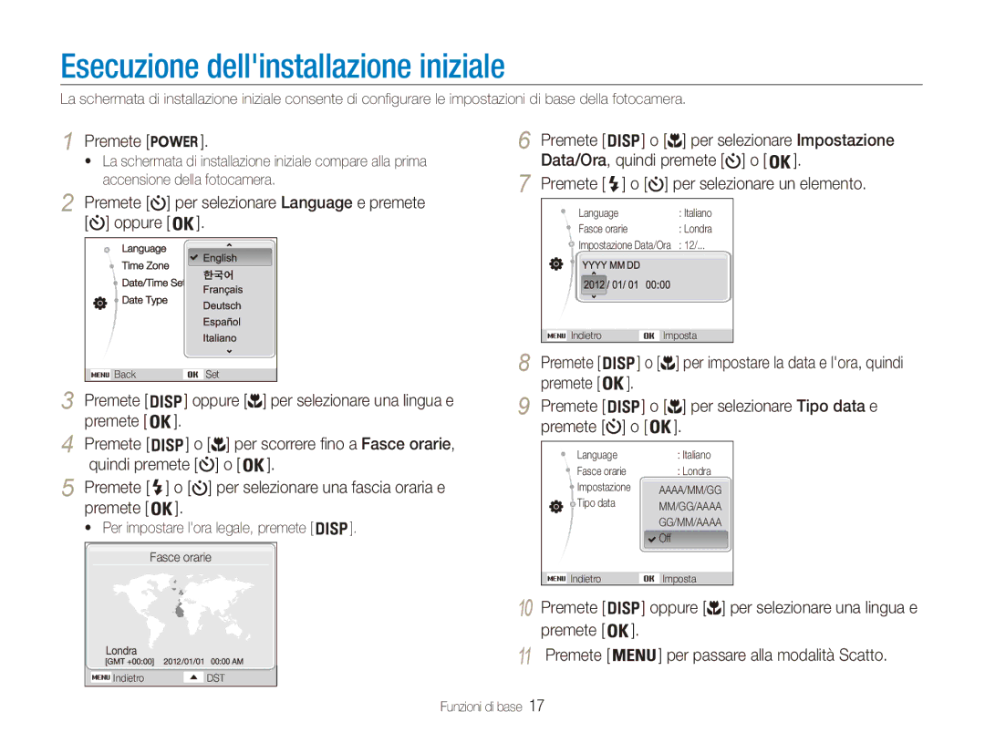 Samsung EC-ES91ZZBCBTR manual Esecuzione dellinstallazione iniziale, Premete per selezionare Language e premete oppure 