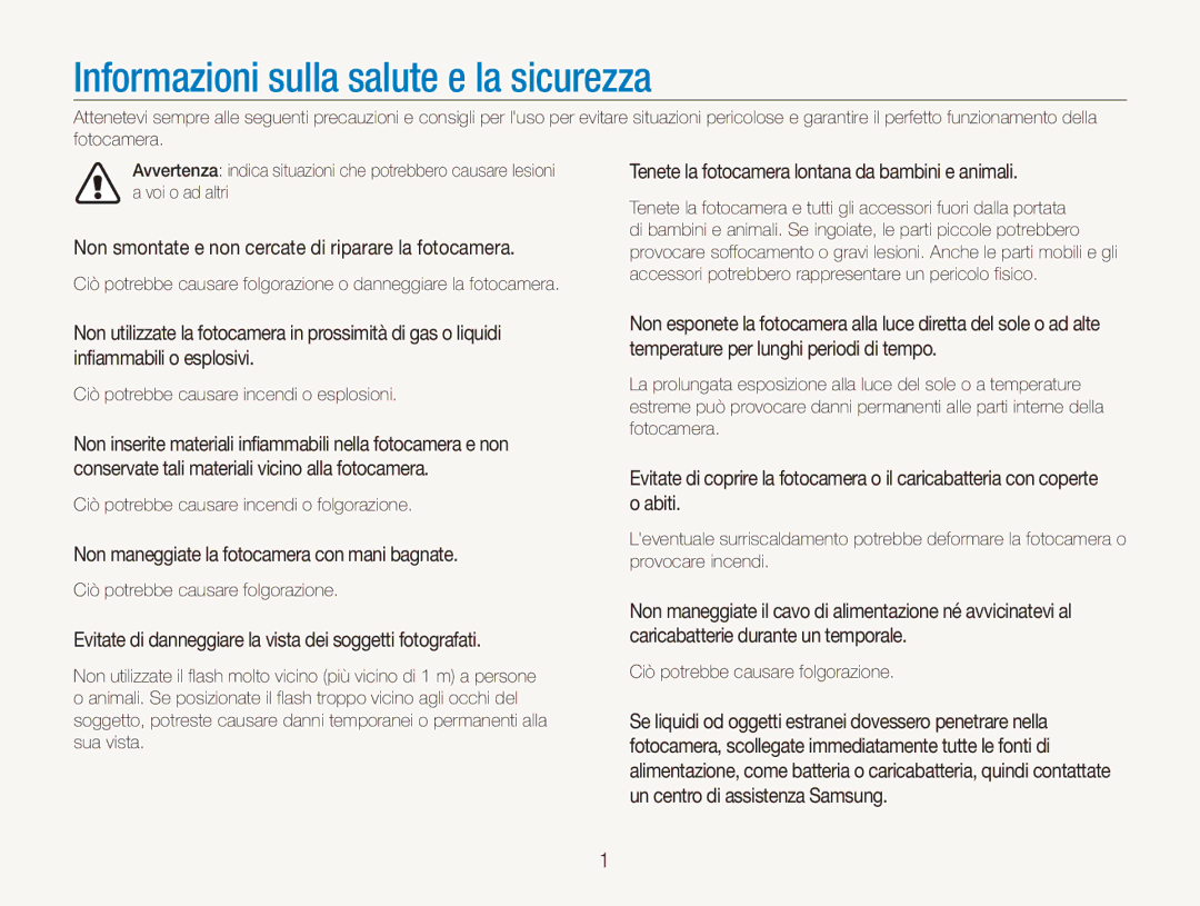 Samsung EC-ES90ZZDPSME Informazioni sulla salute e la sicurezza, Non smontate e non cercate di riparare la fotocamera 