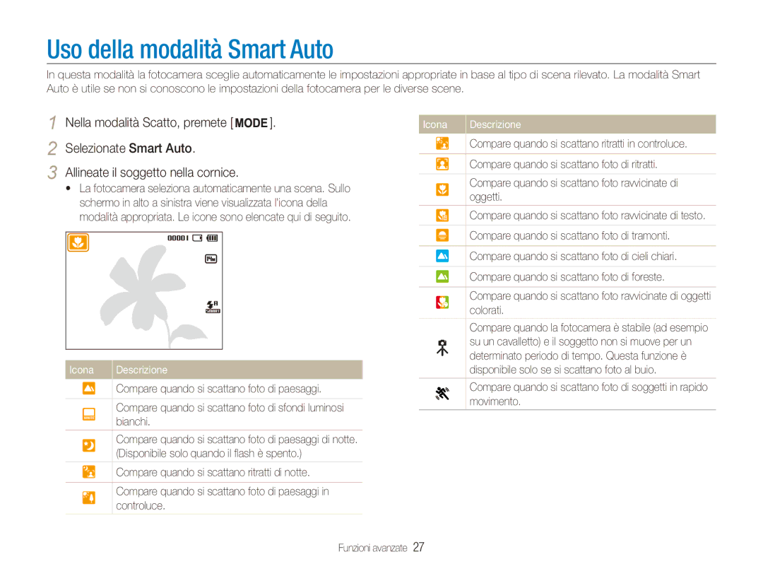 Samsung EC-ES90ZZBPBE1 manual Uso della modalità Smart Auto, Nella modalità Scatto, premete Selezionate Smart Auto 