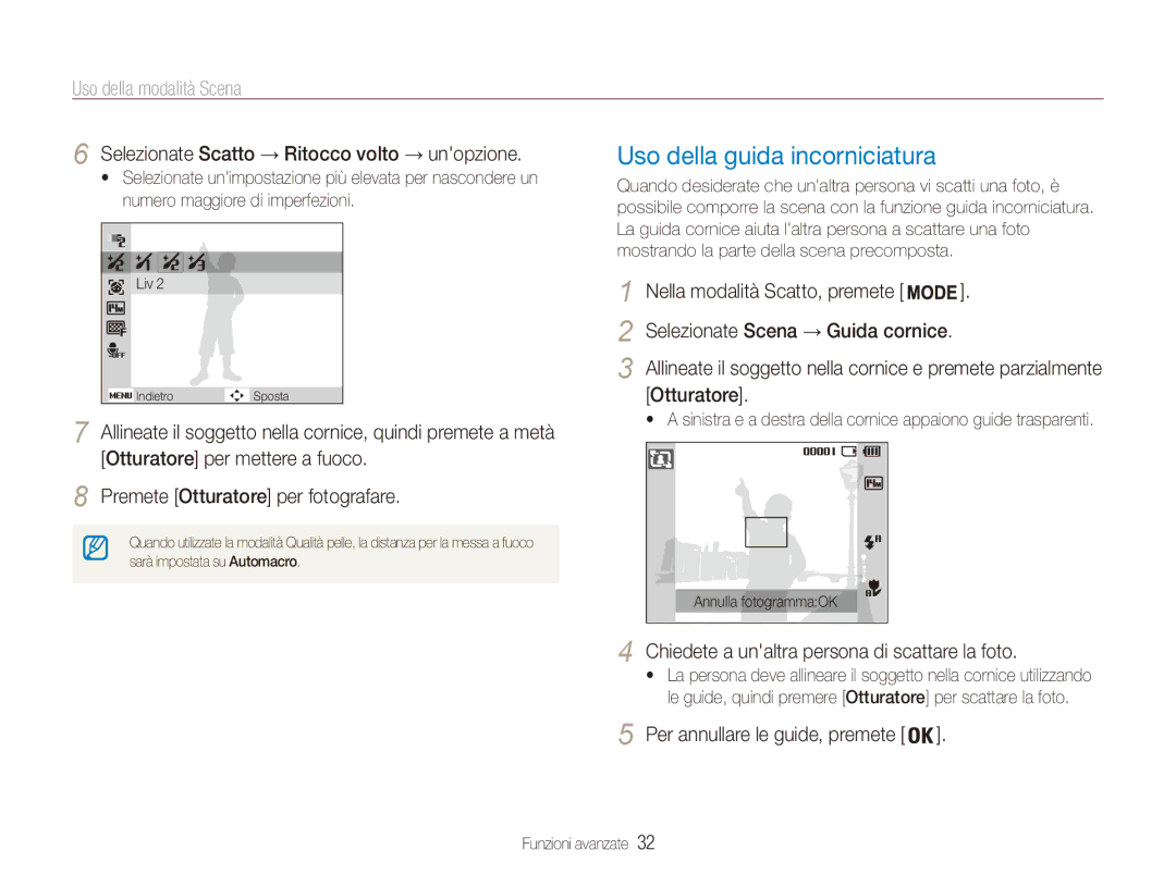 Samsung EC-ES90ZZDPRME, EC-ES90ZZBPBE1, EC-ES90ZZBPSE1 Uso della guida incorniciatura, Uso della modalità Scena, Otturatore 