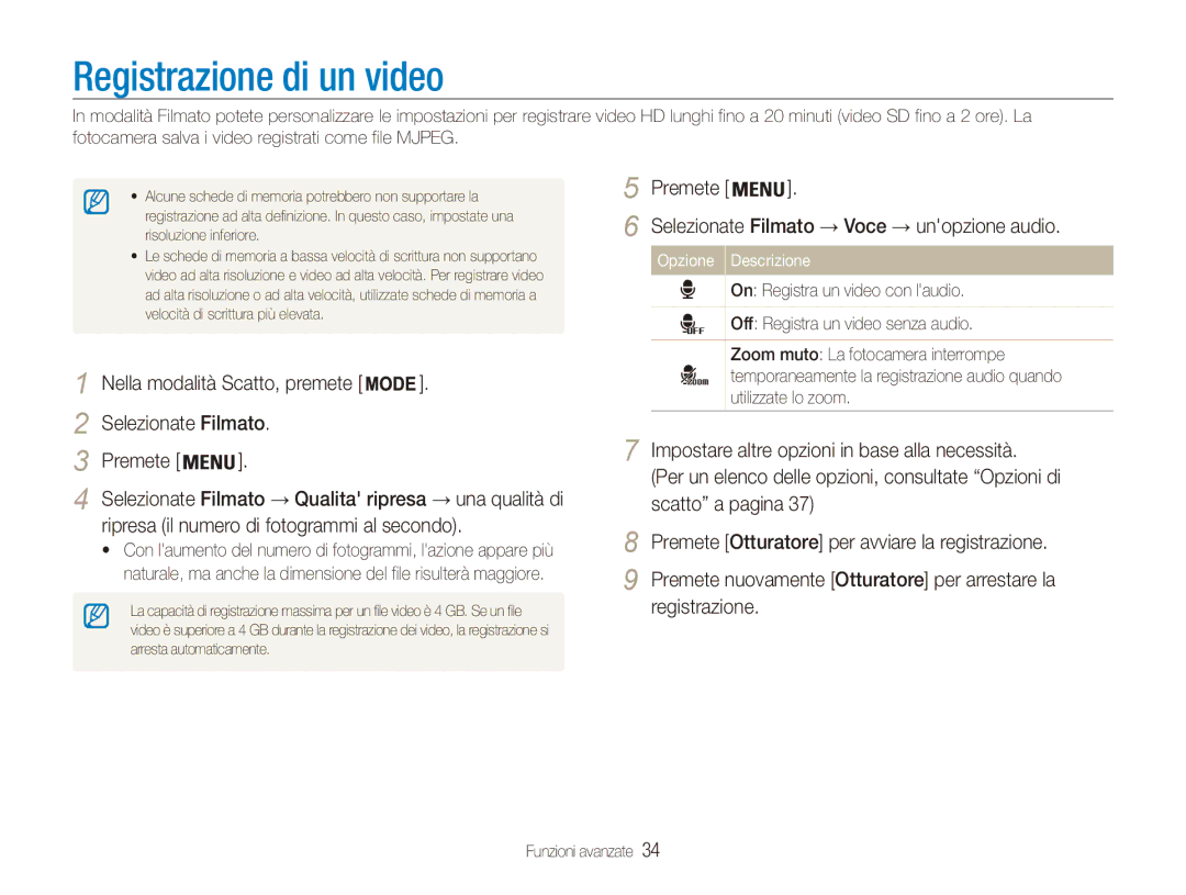 Samsung EC-ES90ZZBPBE1 manual Registrazione di un video, Nella modalità Scatto, premete Selezionate Filmato Premete 