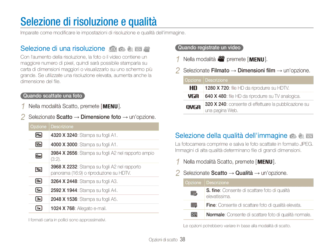 Samsung EC-ES91ZZBCBTR manual Selezione di risoluzione e qualità, Selezione di una risoluzione, Nella modalità Premete 