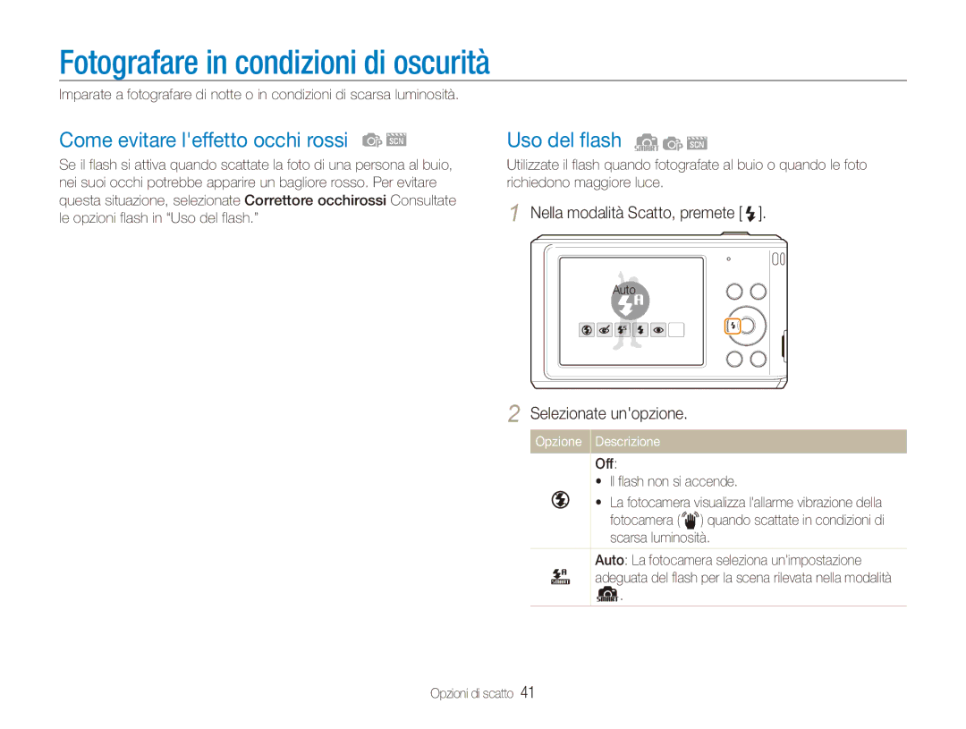 Samsung EC-ES90ZZBPBE1 manual Fotografare in condizioni di oscurità, Come evitare leffetto occhi rossi, Uso del flash 