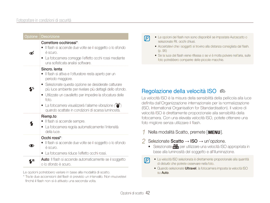 Samsung EC-ES90ZZBPSE1 manual Regolazione della velocità ISO, Fotografare in condizioni di oscurità, Correttore occhirossi 