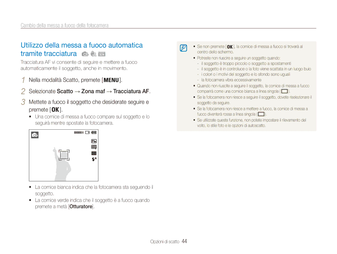 Samsung EC-ES90ZZDPUME, EC-ES90ZZBPBE1, EC-ES90ZZBPSE1 manual Utilizzo della messa a fuoco automatica tramite tracciatura 