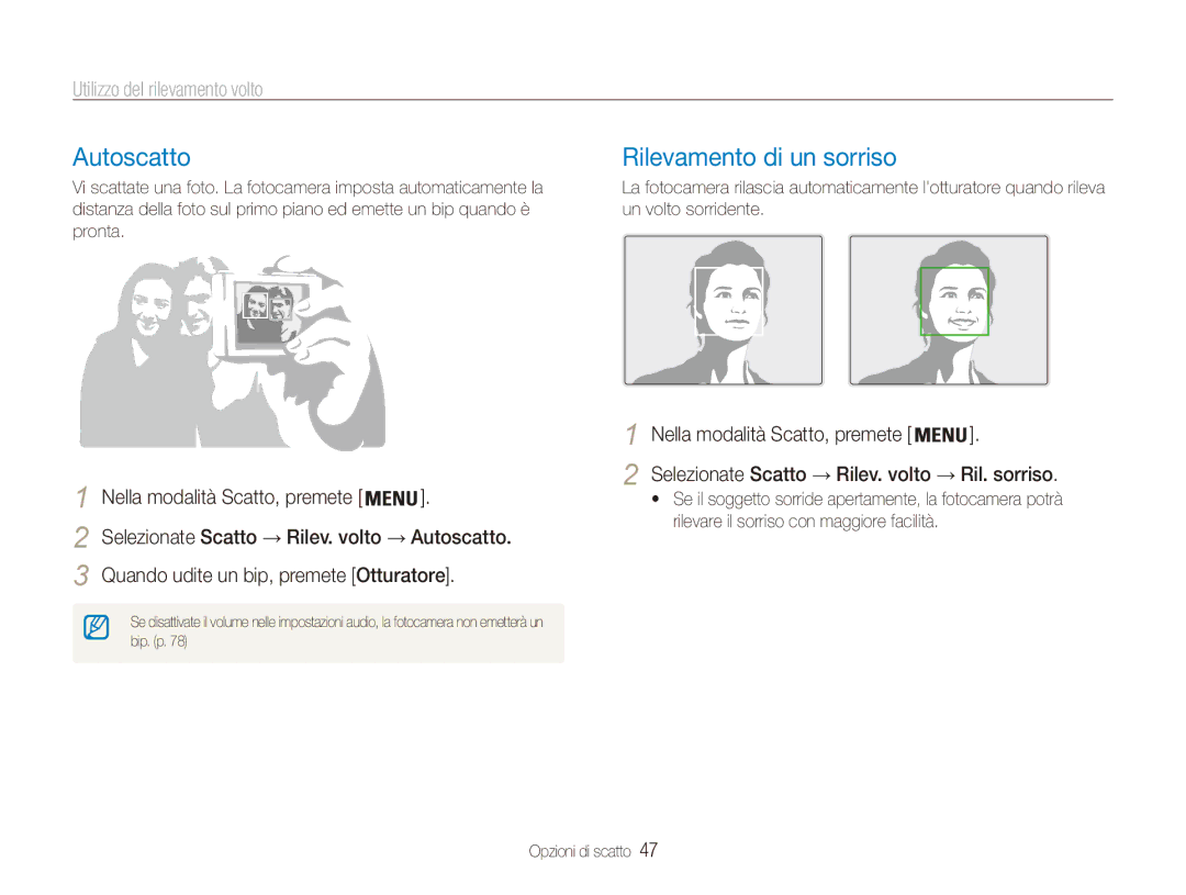 Samsung EC-ES90ZZDPBME, EC-ES90ZZBPBE1 manual Autoscatto, Rilevamento di un sorriso, Utilizzo del rilevamento volto 