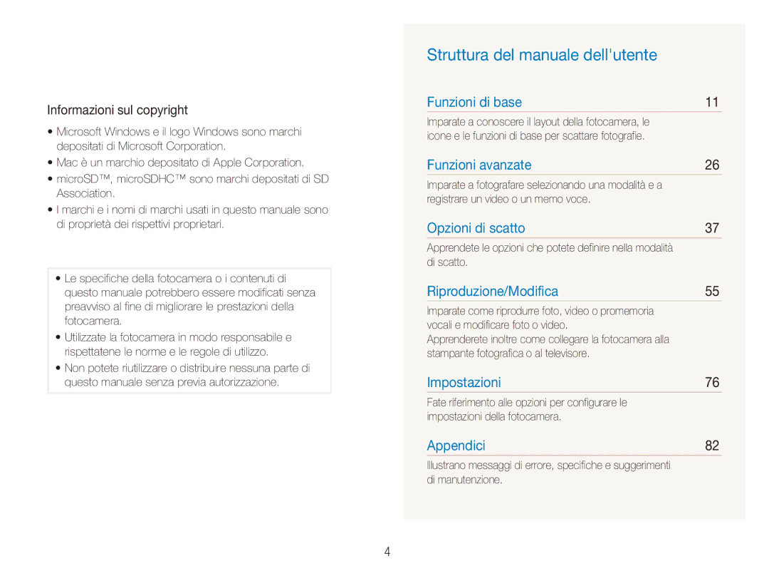 Samsung EC-ES90ZZDPRME, EC-ES90ZZBPBE1, EC-ES90ZZBPSE1 Struttura del manuale dellutente, Informazioni sul copyright 