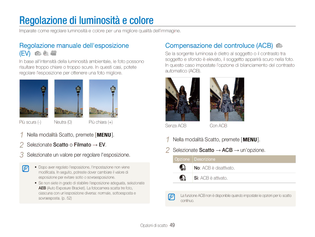 Samsung EC-ES90ZZBPSE1, EC-ES90ZZBPBE1 Regolazione di luminosità e colore, Regolazione manuale dellesposizione EV 