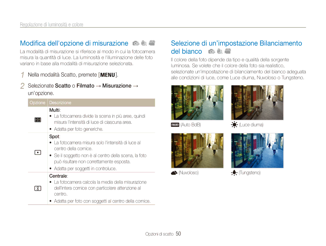 Samsung EC-ES90ZZDPSME manual Modifica dellopzione di misurazione, Selezione di un’impostazione Bilanciamento del bianco 