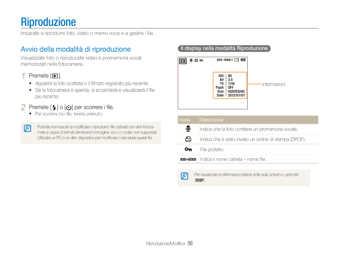 Samsung EC-ES90ZZBPSE1, EC-ES90ZZBPBE1 Riproduzione, Avvio della modalità di riproduzione, Premete o per scorrere i file 