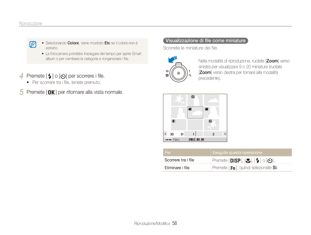 Samsung EC-ES90ZZDPUME, EC-ES90ZZBPBE1 manual Visualizzazione di file come miniature, Per Eseguite questa operazione 