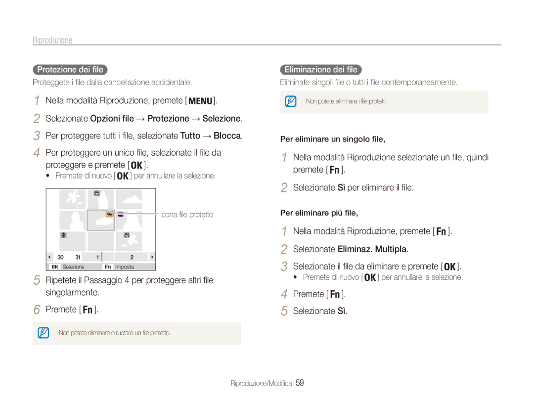 Samsung EC-ES91ZZBCBTR Selezionate Eliminaz. Multipla, Premete Selezionate Sì, Protezione dei file, Eliminazione dei file 