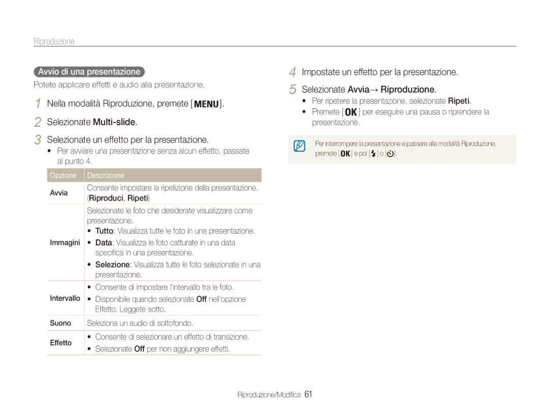 Samsung EC-ES90ZZDPBME, EC-ES90ZZBPBE1, EC-ES90ZZBPSE1, EC-ES90ZZDPSME, EC-ES90ZZDPUME manual Avvio di una presentazione 