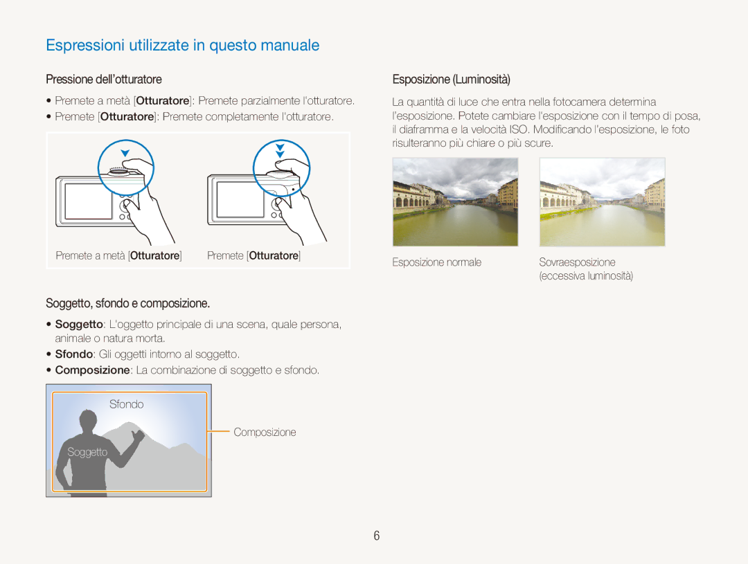 Samsung EC-ES90ZZBPBE1 Espressioni utilizzate in questo manuale, Pressione dell’otturatore, Esposizione Luminosità 