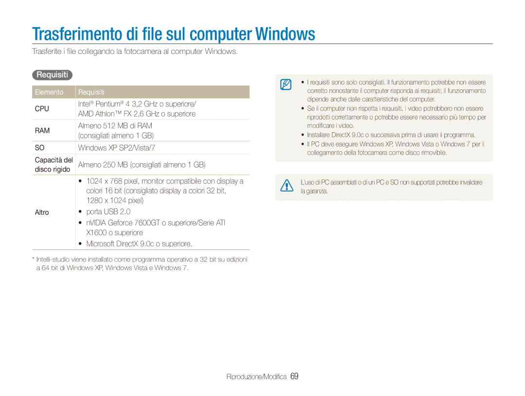 Samsung EC-ES90ZZBPBE1, EC-ES90ZZBPSE1, EC-ES90ZZDPSME Trasferimento di file sul computer Windows, Elemento Requisiti 