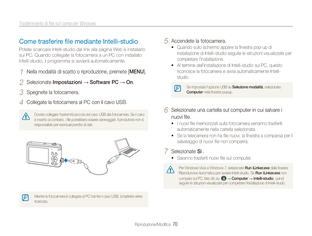 Samsung EC-ES90ZZBPSE1 manual Come trasferire file mediante Intelli-studio, Trasferimento di file sul computer Windows 