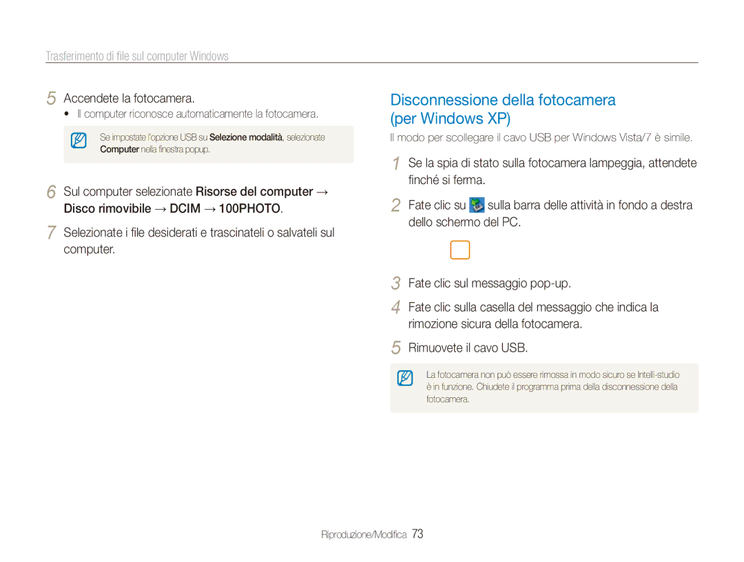 Samsung EC-ES91ZZBCBTR, EC-ES90ZZBPBE1, EC-ES90ZZBPSE1, EC-ES90ZZDPSME manual Disconnessione della fotocamera per Windows XP 