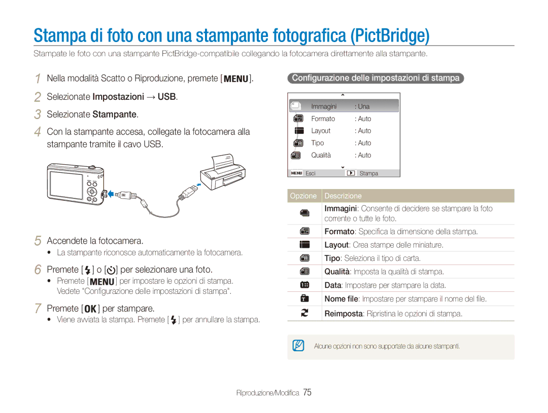 Samsung EC-ES90ZZDPBME manual Stampa di foto con una stampante fotografica PictBridge, Premete Per selezionare una foto 