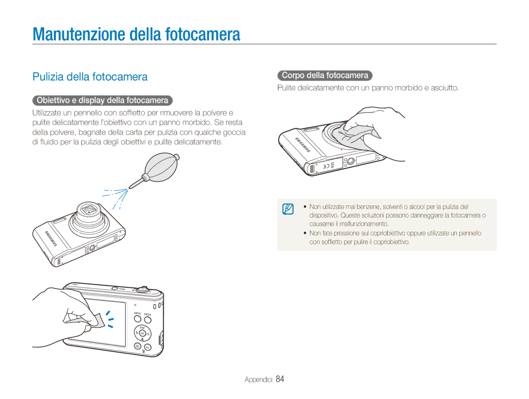 Samsung EC-ES90ZZBPSE1 manual Manutenzione della fotocamera, Pulizia della fotocamera, Obiettivo e display della fotocamera 