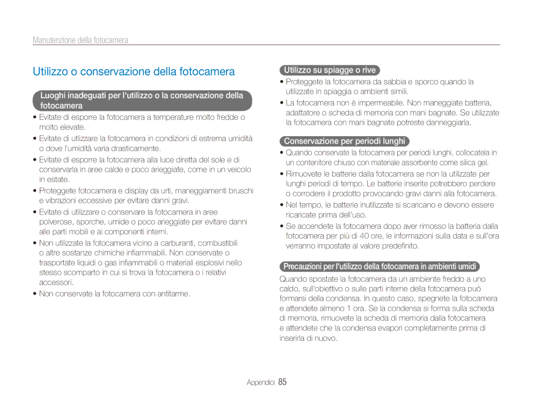 Samsung EC-ES90ZZDPSME, EC-ES90ZZBPBE1 manual Utilizzo o conservazione della fotocamera, Manutenzione della fotocamera 