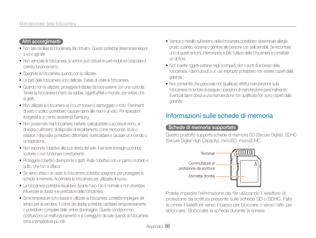 Samsung EC-ES90ZZDPUME manual Informazioni sulle schede di memoria, Altri accorgimenti, Schede di memoria supportate 