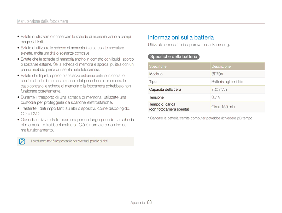 Samsung EC-ES90ZZDPRME manual Informazioni sulla batteria, Specifiche della batteria, Specifiche Descrizione, Modello 