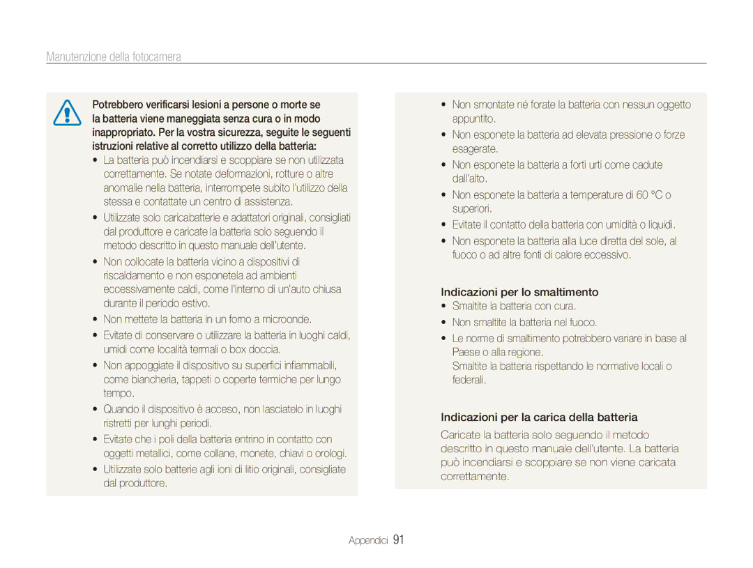 Samsung EC-ES90ZZBPSE1, EC-ES90ZZBPBE1, EC-ES90ZZDPSME, EC-ES90ZZDPUME, EC-ES91ZZBCBTR manual Manutenzione della fotocamera 