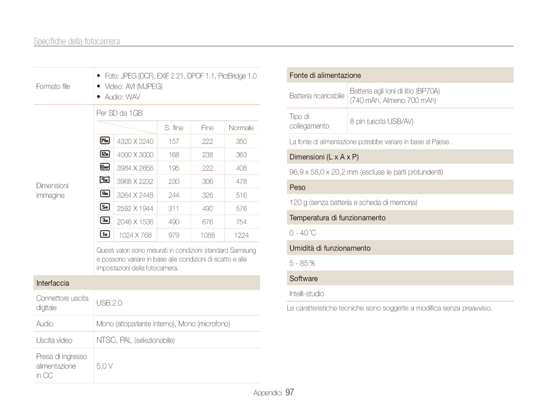 Samsung EC-ES90ZZBPBE1 Fonte di alimentazione, Formato file, Batteria agli ioni di litio BP70A, Collegamento, Dimensioni 