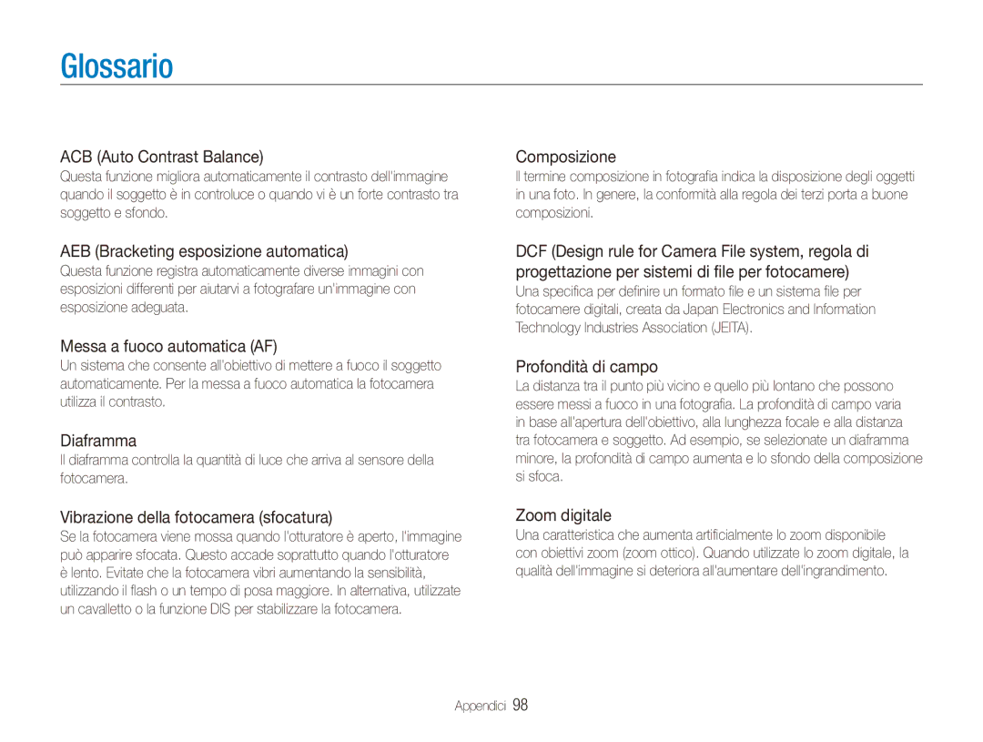 Samsung EC-ES90ZZBPSE1, EC-ES90ZZBPBE1, EC-ES90ZZDPSME, EC-ES90ZZDPUME, EC-ES91ZZBCBTR, EC-ES90ZZDPRME manual Glossario 