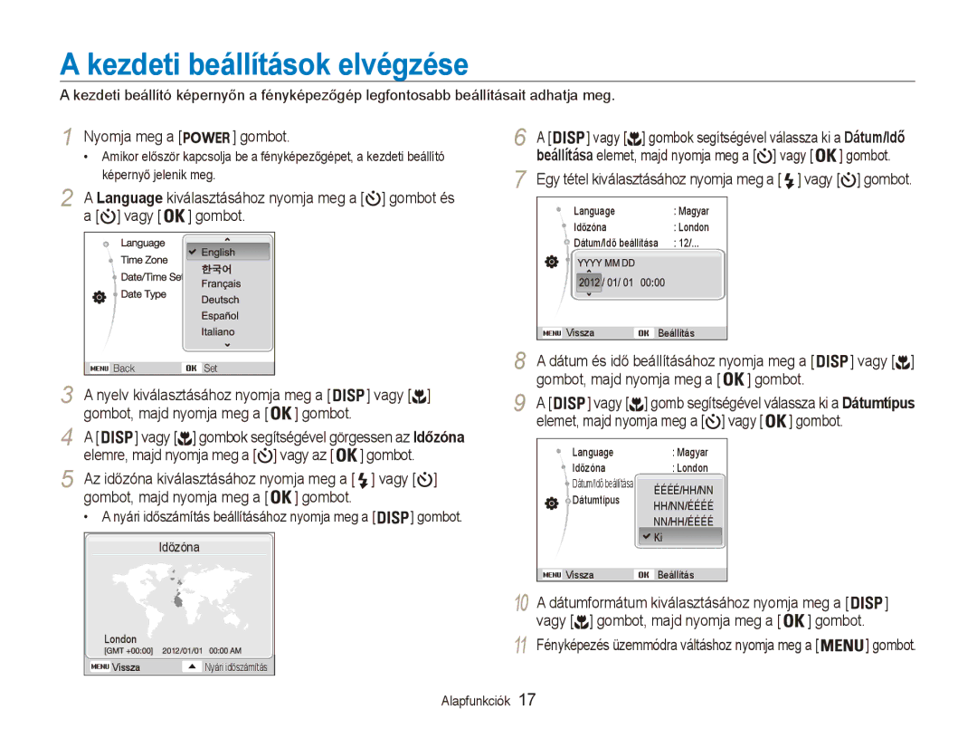 Samsung EC-ES90ZZBPBE3, EC-ES90ZZBPSE3, EC-ES90ZZBPRE2 Kezdeti beállítások elvégzése, Nyomja meg a, Vagy Gombot, Vagy az 