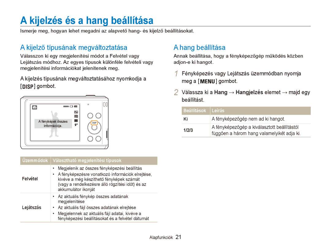 Samsung EC-ES90ZZBPRE3, EC-ES90ZZBPBE3 Kijelzés és a hang beállítása, Kijelző típusának megváltoztatása, Hang beállítása 