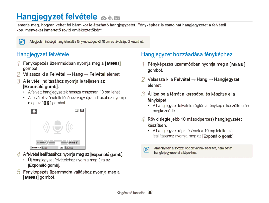 Samsung EC-ES90ZZBPSE3, EC-ES90ZZBPBE3, EC-ES90ZZBPRE2 manual Hangjegyzet felvétele, Hangjegyzet hozzáadása fényképhez 