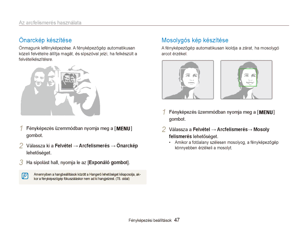 Samsung EC-ES90ZZBPBE3, EC-ES90ZZBPSE3 manual Önarckép készítése, Mosolygós kép készítése, Az arcfelismerés használata 