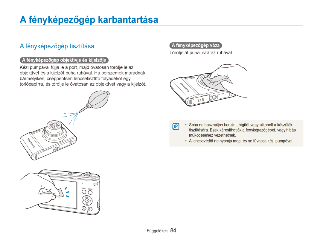 Samsung EC-ES90ZZBPSE3 manual Fényképezőgép karbantartása, Fényképezőgép tisztítása, Fényképezőgép objektívje és kijelzője 