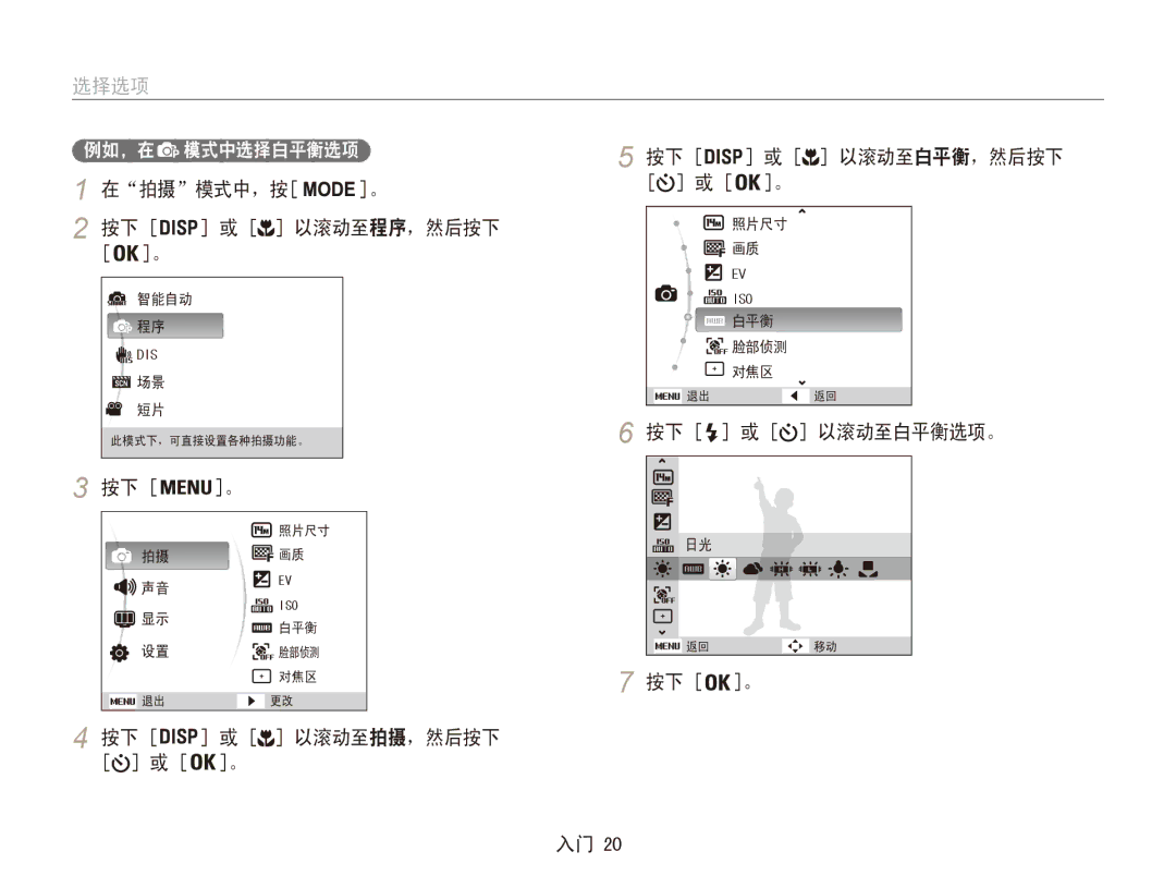 Samsung EC-ES90ZZBPBE2 manual 选择选项, 在拍摄模式中，按 以滚动至程序，然后按下, 按下 或 以滚动至拍摄，然后按下 按下 或 以滚动至白平衡，然后按下, 按下 或 以滚动至白平衡选项。 按下 。, 例如，在 