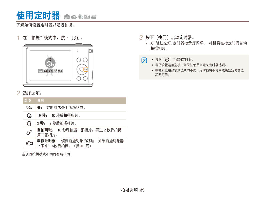 Samsung EC-ES90ZZBPRE3, EC-ES90ZZBPBE3, EC-ES90ZZBPSE3, EC-ES90ZZBPRE2 manual 使用定时器, 在拍摄模式中，按下 。 按下 快门 启动定时器。, 了解如何设置定时器以延迟拍摄。 