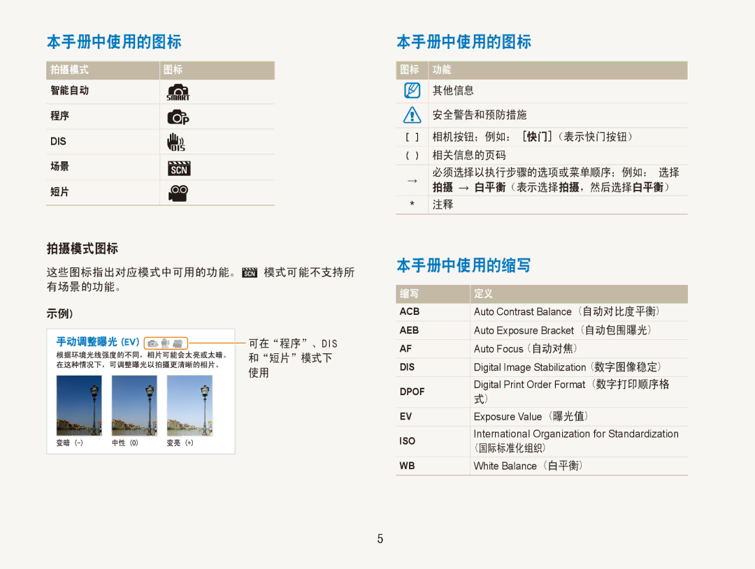 Samsung EC-ES90ZZBPBE3, EC-ES90ZZBPSE3, EC-ES90ZZBPRE2, EC-ES90ZZBPBE2, EC-ES90ZZBPRE3 manual 本手册中使用的图标, 本手册中使用的缩写, 拍摄模式图标 