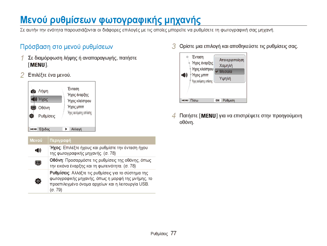 Samsung EC-ES90ZZBPBE3, EC-ES90ZZBPSE3 manual Μενού ρυθμίσεων φωτογραφικής μηχανής, Πρόσβαση στο μενού ρυθμίσεων, Οθόνη 