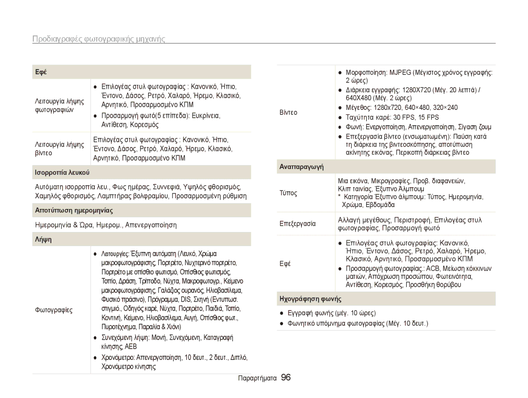 Samsung EC-ES90ZZBPSE3, EC-ES90ZZBPBE3, EC-ES90ZZBPRE3 manual Προδιαγραφές φωτογραφικής μηχανής 
