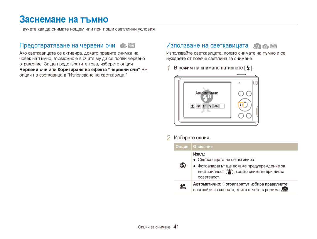 Samsung EC-ES90ZZBPBE3 manual Заснемане на тъмно, Предотвратяване на червени очи, Използване на светкавицата, Изкл 