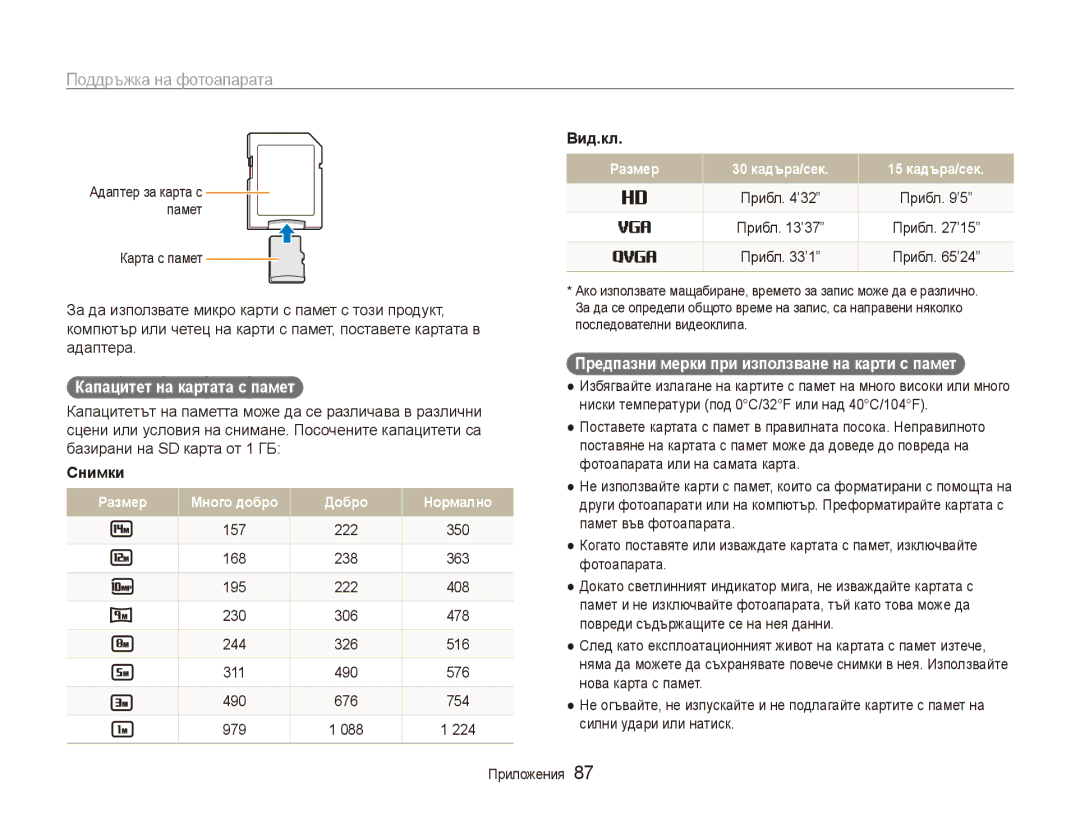 Samsung EC-ES90ZZBPBE3, EC-ES90ZZBPSE3 manual Вид.кл, Предпазни мерки при използване на карти с памет, Снимки 