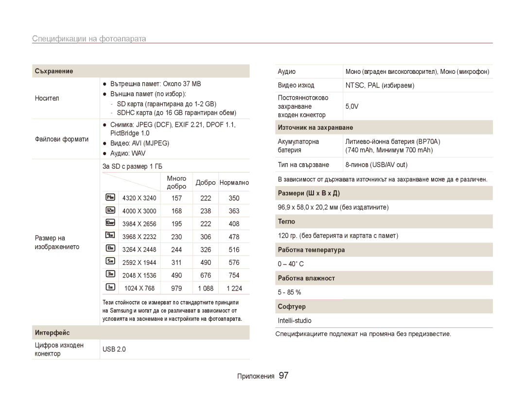 Samsung EC-ES90ZZBPBE3 Съхранение, Източник на захранване, Размери Ш x В x Д, Тегло, Работна температура, Работна влажност 