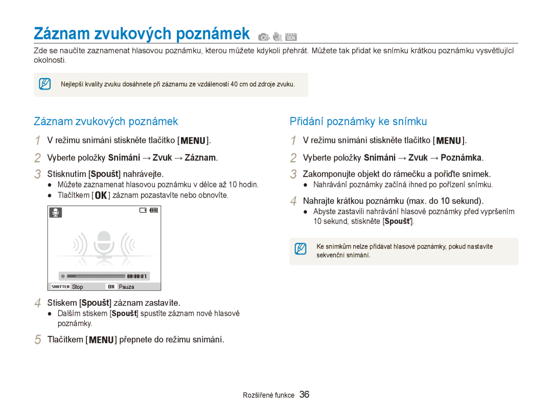 Samsung EC-ES90ZZBPSE3, EC-ES90ZZBPBE3 manual Záznam zvukových poznámek, Přidání poznámky ke snímku 