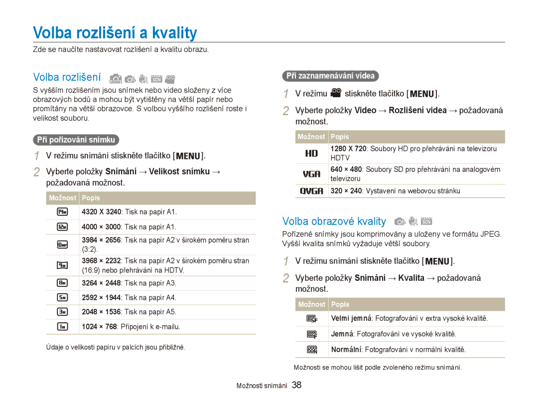 Samsung EC-ES90ZZBPSE3, EC-ES90ZZBPBE3 manual Volba rozlišení a kvality, Volba obrazové kvality, Režimu Stiskněte tlačítko 