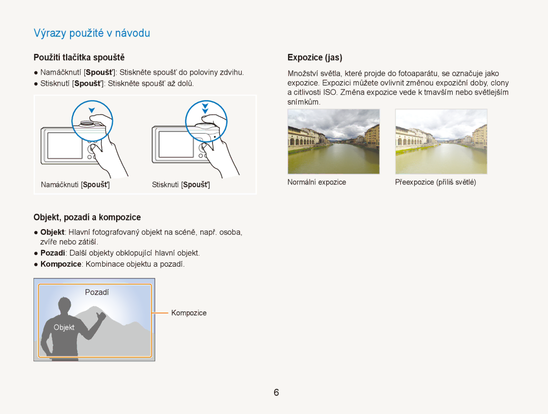 Samsung EC-ES90ZZBPSE3, EC-ES90ZZBPBE3 manual Použití tlačítka spouště, Objekt, pozadí a kompozice, Expozice jas 