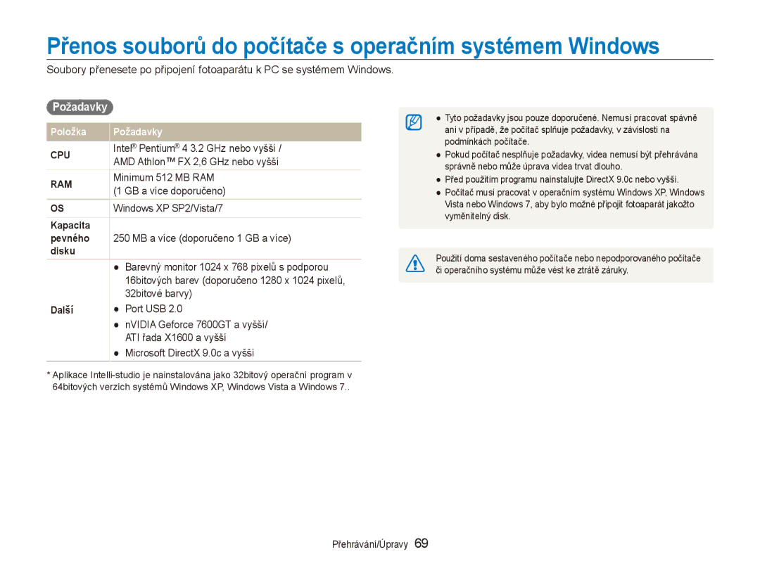 Samsung EC-ES90ZZBPBE3, EC-ES90ZZBPSE3 manual Přenos souborů do počítače s operačním systémem Windows, Požadavky 