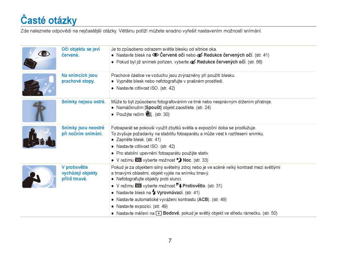 Samsung EC-ES90ZZBPBE3, EC-ES90ZZBPSE3 manual Časté otázky, Redukce červených očí. str, Protisvětlo. str, Vyrovnávací. str 