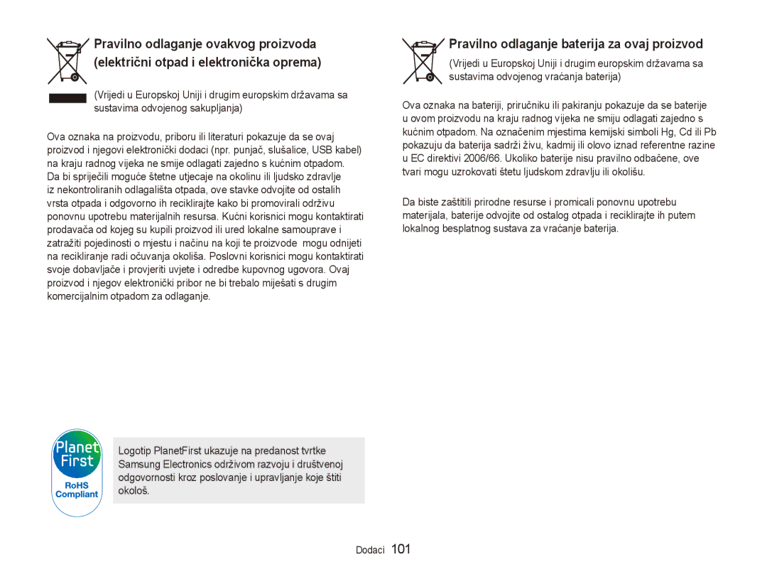 Samsung EC-ES90ZZBPBE3, EC-ES90ZZBPSE3 manual Pravilno odlaganje baterija za ovaj proizvod 